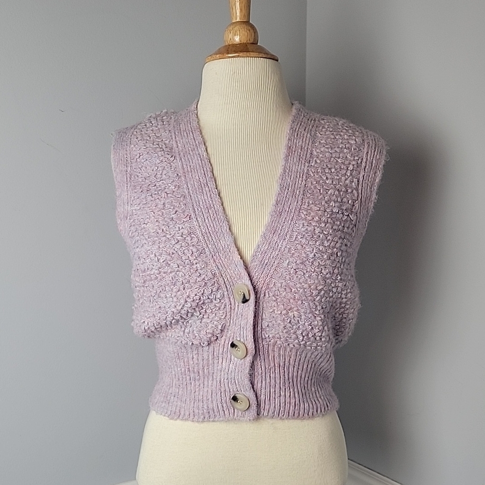URBAN OUTFITTERS Marled Lavender Pink Cropped Knit Grandpa Cardigan Sweater Vest